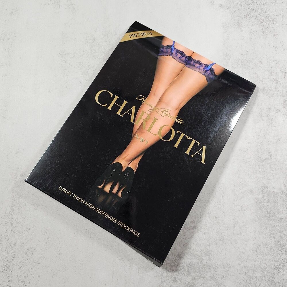Honey Birdette Charlotta Navy Floral Embroidered Stockings Hosiery Size L